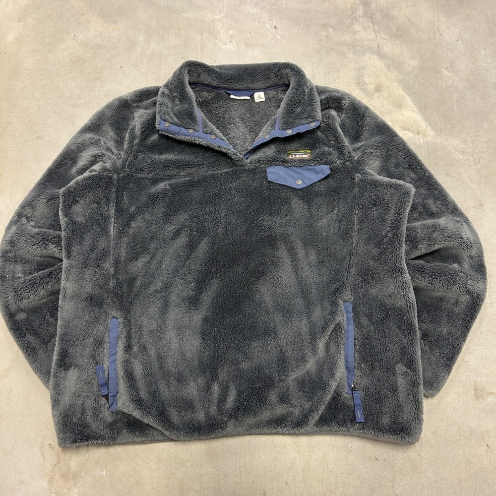 LL Bean Mens Hi-Pile Fleece Pullover Gray Snap Neck Jacket Large j173